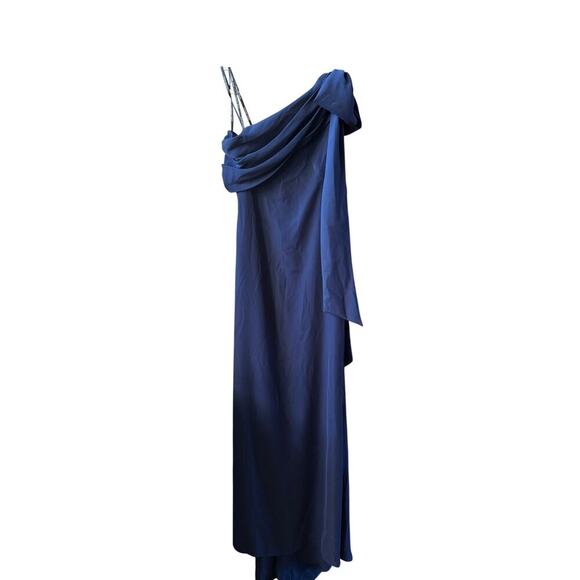 Tadashi Shoji One Shoulder Crepe Column NavyWedding Guest Gala Gown size 6 - Picture 7 of 13